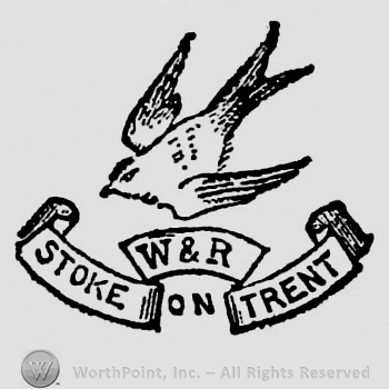 Bird flying to the left. Ribbon below containing inscription: Stone on Trent, W & R