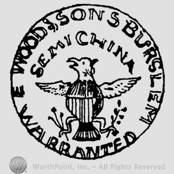 Eagle, head turned to left, shield with broad vertical lines, wings widely spread, holding three arrows in the his left claw, an olive branch in his right claw. Semi China capital written above. E. Wood & Sons Burslem curved capital written on top, Warranted curved capital written below, inside circle
