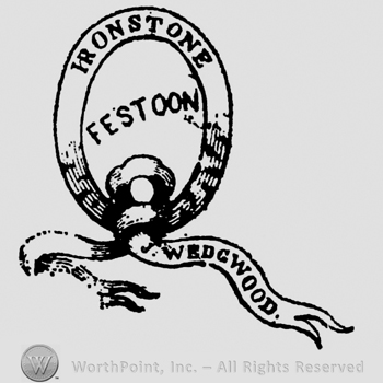 Oval panel containing writing in the centre: Festoon, on the upper border: Ironstone. Wedgwood capital written on the ribbon below