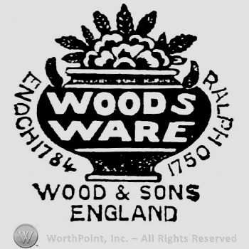 Woods Ware written on a pot for flowers. Wood & Sons England capital written below. Endoch 1784 written on the left side, Ralph 1750 written on the right side