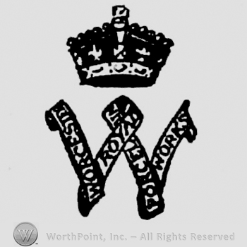 Crown above ribbon in shape of initial W with inscription: Worcester Royal Porcelain Works