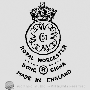 Number 51 on the right of a half moon. Four handwritten letters: W form a frame around, all inside a circle. Crown on top, Royal Worcester Bone R inside circle China Made in England curved written below on three rows