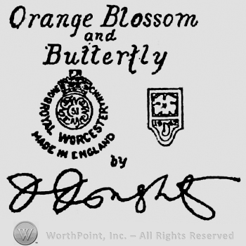 Orange Blossom and Butterfly written above. Small mark on the left side, containing crown above circle containing half moon and number 51, writings around circle. Mark in the right side. Signature on the bottom side