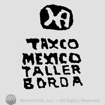Uppercase entwined HA in a round design over Taxco Mexico Taller Borda written with uppercase letters