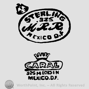 Eagle with number 1 on it, Sterling 925 with uppercase over handwritten uppercase MRR and Mexico D.F in uppercase inside an oval, crown over Caral 925 Hecho en Mexico D.F.written with uppercase letters below