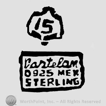 Eagle with number 15 on it over Castelan handwritten, number 0925, Mex Sterling with uppercase letters inside a rectangle