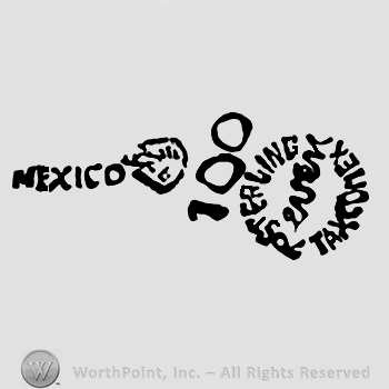 Mexico written with uppercase letters, eagle with number 40 on it over number 100, Sterling Taxco Mex written with uppercase letters around lowercase centered Reveri