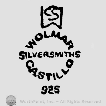 Stylized uppercase W with uppercase C and S inside it,Wolmar Castillo written in uppercase letters around Silversmiths also in uppercase, number 925 written below