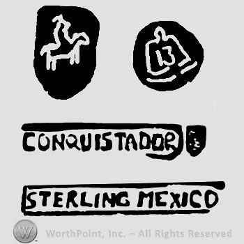 Horse and rider on a shield, eagle with number 13 on it over Conquistador in uppercase letters and small shield on the right, Sterling Mexico with uppercase letters written below