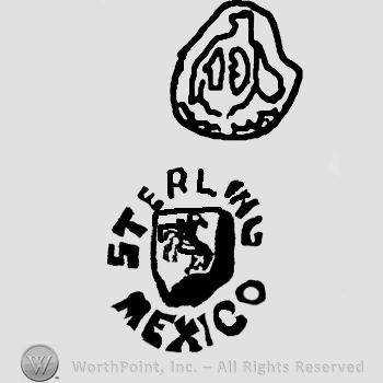Eagle over Sterling Mexico written with uppercase letters around a shield with horse and rider