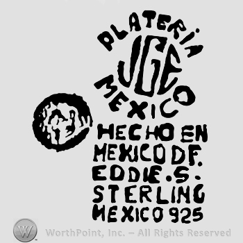 Plateria Mexico written with uppercase letters around uppercase JGE, Hecho en Mexico DF Eddie's Sterling Mexico 925 written below with uppercase letters, ragle with number 1 written on it