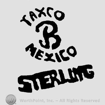 Taxco Mexico written with uppercase letters around uppercase handwritten B, Sterling written below with uppercase letters