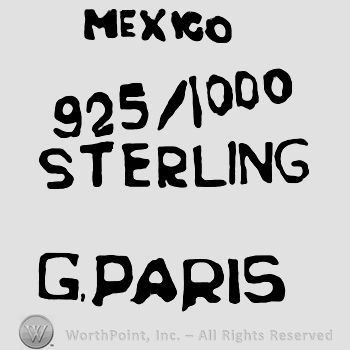 Mexico written with uppercase letters over numbers 925 slash 1000, Sterling written below with uppercase letters along with G Paris, also in uppercase