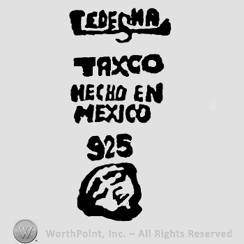 Ledesma in uppercase letters, larger letter S, Taxco Hecho en Mexico 925 and eagle below, all with uppercase letters