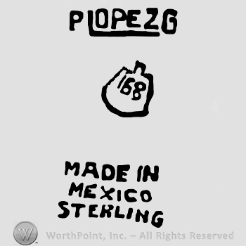 P Lopez G written with uppercase letters over an eagle with number 169 on it, Made in Mexico Sterling written with uppercase letters