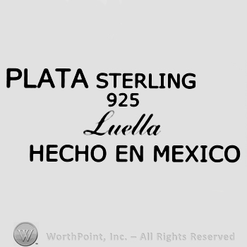 Plata Sterling written with uppercase letters like an arch over number 925 and handwritten Luella, Hecho En Mexico written with uppercase letters