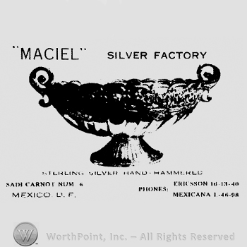 Maciel Silver Factory written with uppercase letters over a silver cup, Sterling Silver Hand-Hammered, Sadi Carnot Num. 6 Mexico D.F., Phones: Ericsson 16-13-40 Mexicana L. 46-98, all written with uppercase letters