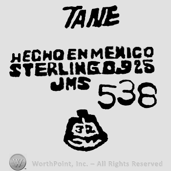 Tane written with uppercase letters over Hecho En Mexico Sterling 0.925 written with uppercase letters over uppercase JMS, an eagle and number 538
