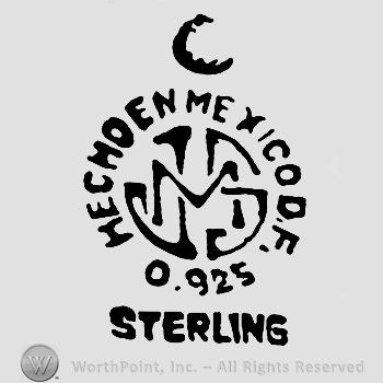 An eagle over a round design with Hecho En Mexico D.F 0.925 written with uppercase letters over uppercase entwined JMS, Sterling written below with uppercase letters