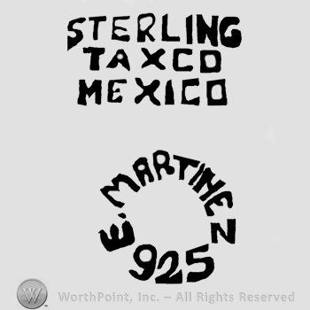 Sterling Taxco Mexico written with uppercase letters over E. Martinez 925 written in circle with uppercase letters