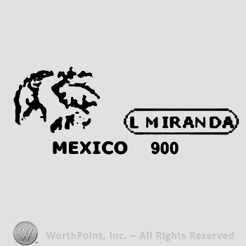 Stylized eagle, Mexico written below with uppercase letters, L. Miranda written with uppercase letters inside an oval, number 900 written below
