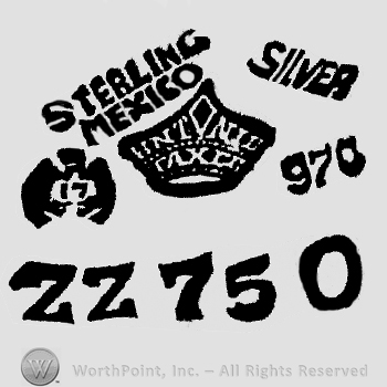 Sterling Mexico Silver written with uppercase letters over a crown with Antonio Taxco written on it, eagle with number 17 on it, number 970 and uppercase ZZ followed by number 750 written at the bottom