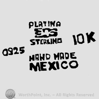 Number 0925, Plafina Sterling written with uppercase letters around a complex design, Hand Made Mexico written with uppercase letters, number 10 and uppercase K