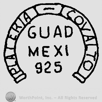 Guad Mexi 925 written with uppercase letters inside a semi-circle with Plateria Covalto written on it with uppercase letters