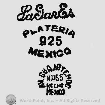La Gares handwritten over Plateria 925 Mexico written with uppercase letters, Av. Guajatemoc written in circle with uppercase letters over NN 65 Hecho Mexico written with uppercase letters