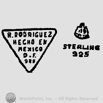 R. Rodriguez Hecho en Mexico DF 925 written with uppercase letters inside a triangle, eagle, Sterling 925 written with uppercase letters
