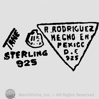 Tane written with uppercase letters, Sterling 925 written with uppercase letters, eagle, R. Rodriguez Hecho en Mexico 925 written with uppercase letters inside a triangle