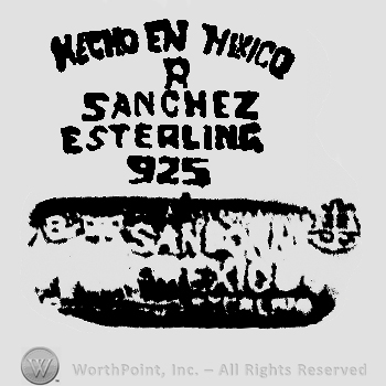 Hecho en Mexico R Sanchez Esterling 925 written with uppercase letters over three owls and Sanborn's Mexico Sterling written with uppercase letters, eagle