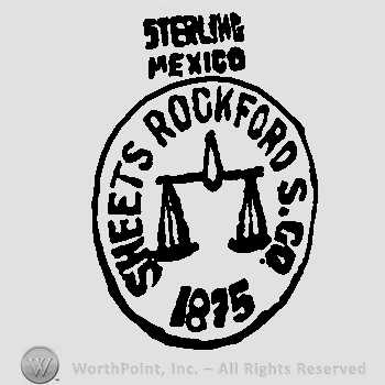 Sterling Mexico written with uppercase letters over Sheets Rockford S.Co 1975 written around the image of scales, all inside a circle