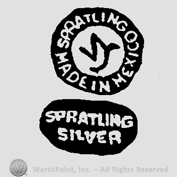Spratling Made in Mexico written in circle with uppercase letters around uppercase stylized conjoined WS, Spratling Silver written with uppercase letters inside an oval