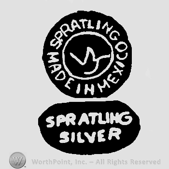 Spratling Made in Mexico written in circle with uppercase letters around uppercase stylized conjoined WS, Spratling Silver written with uppercase letters inside an oval