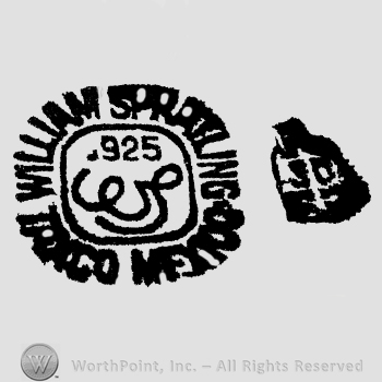 William Spratling Taxco Mexico written with uppercase letters around number 925 over stylized handwritten WS, eagle with number 30 written on it