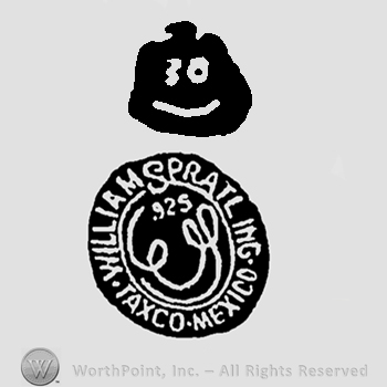 Eagle with number 30 written on it over a round design with William Spratling Taxco Mexico written with uppercase letters around handwritten stylized WS and number 925