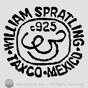 William Spratling Taxco Mexico written with uppercase letters around number 925 and stylized handwritte WS