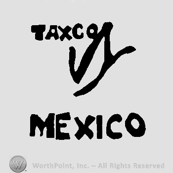 Taxco written with uppercase letters over entwined WS, Mexico written below with uppercase letters