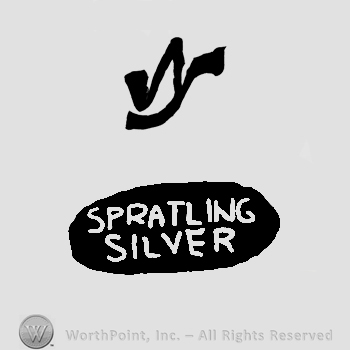 Uppercase handwritten WS over Spratling Silver written with uppercase letters inside an oval