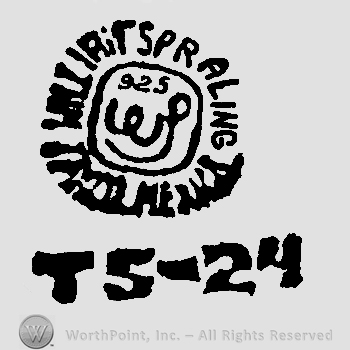 William Spratling Taxco Mexico written with uppercase letters around number 925 and uppercase conjoined WS, uppercase TS minus number 24 written below