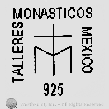 Talleres Monasticos Mexico 925 written with uppercase letters on sides of a stylized cross over an uppercase M, stylized eagle