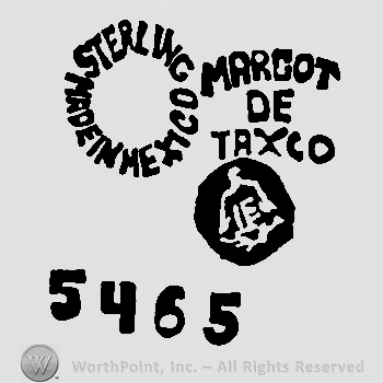 Sterling Made in Mexico written in circle with uppercase letters, Margot de Taxco written with uppercase letters over an eagle, number 5465 written below