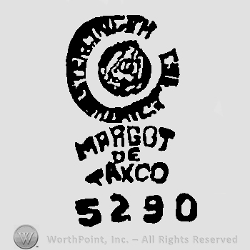 Sterling Made in Mexico written in circle with uppercase letters around an eagle over Margot de Taxco written with uppercase letters, number 5290 written below