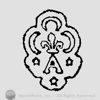 Fleur de lis surrounded by three half moons above letter A surrounded by three stars