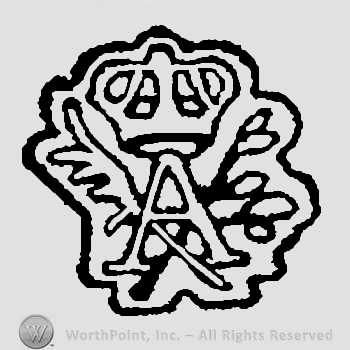 Uppercase stylized letter A with crown above, wing and olive branch left and right
