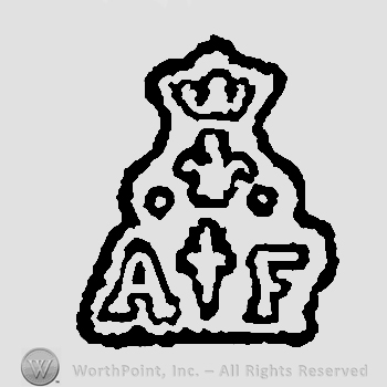 Uppercase letters AF two white pearls two fleur de lis and crown above