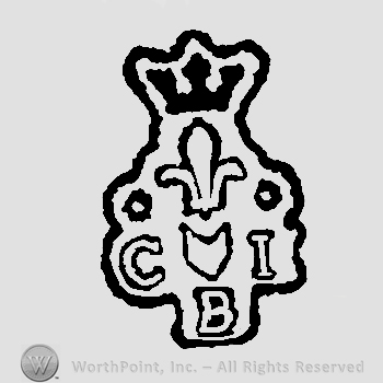 Crown above fleur de lis and two white pearls above letters CBI and heart in the middle
