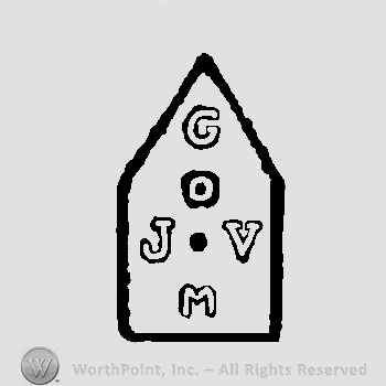 Initials JV and four white pearls inside a house shape