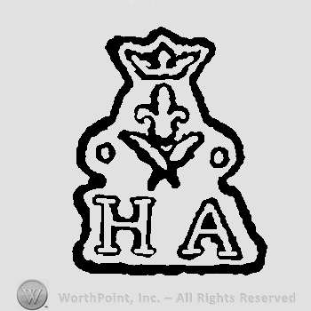 Crown above fleur de lis and two white pearls above letters HA and feathers in the middle